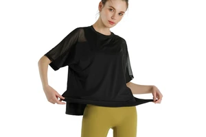 Aoyema Sports T Shirt Women Mesh Quick Drying Yoga Clothes Large Size Loose Running Short Sleeved Blouses Fitness Tops