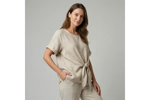 Women's Full Sleeve O-Neck Casual Breathable Solid T-Shirt with Large Decorative Bow 100% Linen Spring