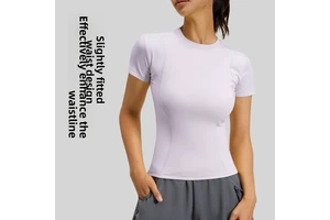Thin-Style Athletic Tight Solid Color Yoga Wear Short Sleeve Fitness T-Shirt Polyester Spandex