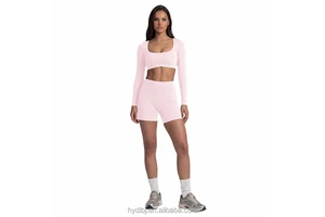Slim Fit Long Sleeve Yoga Outfit, Nude Feeling Running Sports Top, Quick-Dry Fitted Fitness Shorts, U-Neck Women's Yoga Set