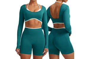 Womens Long Sleeve Crop Top Sports Bolero Shrug Contrast Trim Open Back Seamless Nylon Elastane 4 Way Stretch Custom Logo