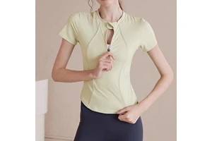 Women's Summer Zipper Yoga Top Slimming Quick-Drying Training Fitness Clothes with Tight Waist and Short-Sleeved Design