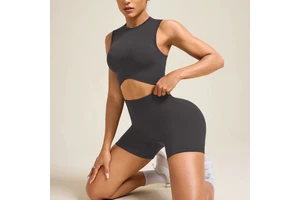 Aoyema Women's Solid Breathable High Quality Round Neck Seamless Yoga Vest & Shorts Fitness Running Outdoor Sports Set
