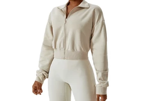 Zipper Collar Sports Jackets Soft Cotton Long Sleeve Loose Fit Sport Tops Women Workout Running Fitness Clothing Yoga Jacket