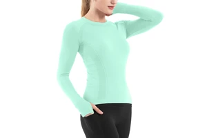 O Neck Long Sleeve Yoga Top Thumbhole Design Running Shirt for Women Tummy Control Compression Gym Workout Moisture Wicking Gear