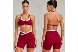 Women's Color-Block Sports Bra & Crisscross Waistband Biker Shorts With Pockets, High-Waisted Tight Leggings For Gym, Yoga