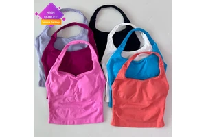 LVD421 Seamless Halter Top Backless Longline Strappy Padded Gym Top Women Built-in Bra Removable Cups Activewear Yoga Tank Tops