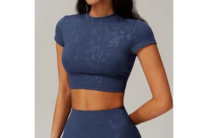 Women's Foil-Printed Seamless Yoga Top - Naked Sensation High-Intensity Running Workout & Lounge Fitness Crop Tee