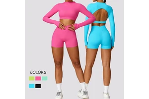 Women Sanding Round Neck Yoga Sports Clothes Lady Open Back Tight Gym Shirt Female Long Sleeve Crop Running Shirt