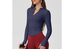 Ribbing Half Zipper Long Sleeves Workout Training Compression Crop Top Gym Women Sport T Shirt