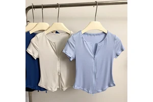 TP105 Women's Sports Yoga T-Shirt Double Zipper Crew Neck Slim Fitness Top Casual Short Sleeve Breathable Lightweight