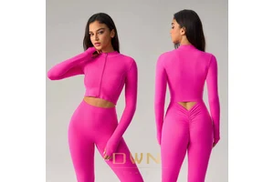 Women's Long-Sleeved Sports Yoga Autumn Spring Cropped Top with Hood Slim Fit Waist Cinched Breathable Pattern Zipper Jacket