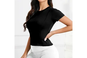 FLW Women's Plus Size Solid Crew Neck Breathable Athletic Compression Eco-Friendly Workout Tee Gym Tops for Yoga Practice