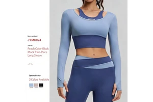 Custom Slim Fit Shockproof Color Block Fake Two Piece Nylon Spandex Quick Dry Women Yoga Top with Bra for Gym Yoga Running