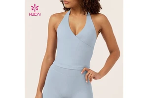 Custom logo Ladies Skinny Sexy Deep V Neck Halter Removable Pads Bra Slim Fit Workout Training Yoga Gym Crop Tank Top Women
