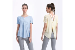 Womens Summer Cool Sensation Breathable Quick Dry Sports Yoga Top T Shirt Back Slit Cover up V Neck Short Sleeve Sweat Absorbent