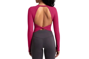 Open Back Crisscross Long Sleeve Sexy Workout Crop Top for Women Gym Fitness Activewear Yoga Top