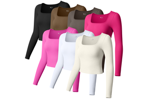 Custom Women's Slim-Fit Long Sleeve Yoga T-Shirts Running Pilates Training U-Neck Breathable Quick-Dry Casual Ribbed Crop Top