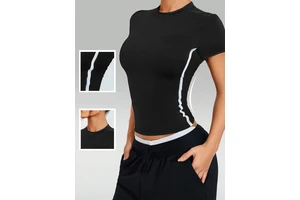 2025 Cross-Border New Hot Yoga Sports Fitness Round Neck T-Shirt Color-Block Top for Women