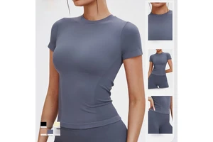 Glintic Seamless Moisture-wicking Quick Dry Solid Color Yoga Short Sleeve Neck Comfortable Sports Tight T-Shirt Outdoor Fitness