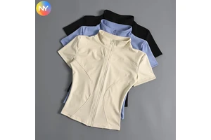 Women's Lightweight Breathable Summer Fitness Tops New Nude Short-Sleeved Cycling Yoga Top T-Zipper for Outdoor Sports Training
