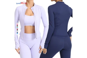 Compression-Fit Women's Stand-up Collar Zipper Yoga Jacket Quick-drying Tight-fitting Long-sleeved Sports Top with Thumb Holes