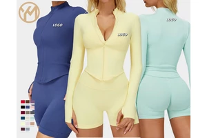 Yimo Women Full Zipper Long Sleeves Yoga Jacket Female Solid Color Slim Gym Top Lady Stand Collar Fitness Outdoor Vest