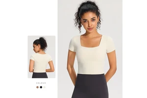 Women's Fashion Padded Short Sleeve Yoga Tops Square Neck Fitness Sports Training Shirts Summer & Winter