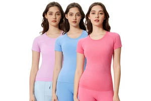 S2067 Women Short Sleeve Crew Neck Light Weight Breathable Quick Dry Slim Fit Seamless Stretchy Workout Yoga T-shirts