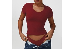 Custom Logo Gym Workout T-Shirt V-neck Clothes Women Fitness Short Sleeved Quick Drying Breathable Sports Tight Yoga Top