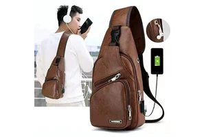 Phone case New Korean Fashion Single Shoulder Briefcase Sling Bag Men's PU Leather Charging Chest Bag Outdoor Free