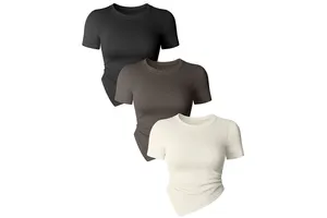 Women's Breathable Lightweight Seamless Yoga Sports Top Crew Neck Fitting Short Sleeved Irregular Hem Plus Size Options Four-Way