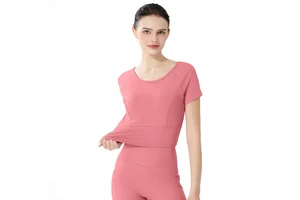Women's Lightweight Padded Yoga Sports Short-sleeve Running Top Tight-fitting Breathable Quick-drying Mesh Crisscross Workout