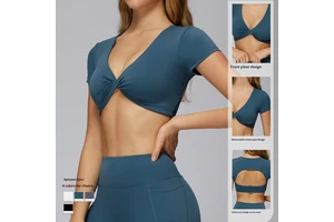 Women's Yoga Top Short-Sleeve V-Neck Hollow-Out Backless Tight-Fitting T-Shirt for Running Sports Fitness