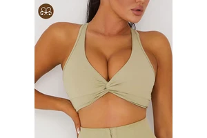 Women Gym V Neck Front Twist Knot Sexy Bra Cross Bow Sports Bra High Elastic Solid Color Yoga Bra