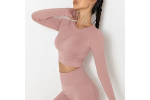 Women's High Elastic Breathable Running Fitness Yoga Top Seamless Tight Solid Color Pleated Sports Long-Sleeved Tops Knitted