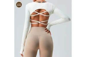 Ready to Ship Popular Sportswear Gym Women's Sexy Criss- Cross Back Design Slim Fit Yoga Long Sleeve
