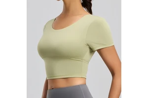 Women's Back-Enhancing Yoga Top Short-Sleeved Tight-Fitting Slimming Athletic Shirt Built-in Pads Barely-There Feel Quick Dry