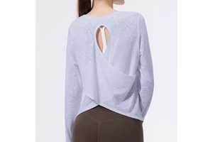 Nylon Jacquard Breathable Loose Nine Quarter Sleeve Hollow Back Sports Top for Women's Pilates Yoga Autumn Blouse