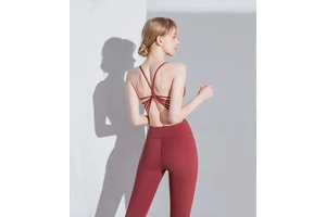 STYLE TZ505L New Sexy Cross-Back Sports Bra Low Waist Yoga 2-Piece Nude Set Breathable Solid Front Logo Seamless Nylon/Cotton