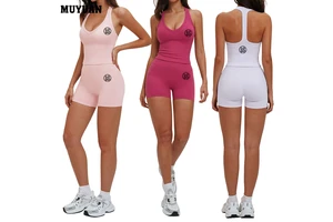 Breathable Nylon Spandex Women's Form-Fitting Yoga Tank Top with Open Back and High-Waisted Shorts for Casual Outdoor Sports