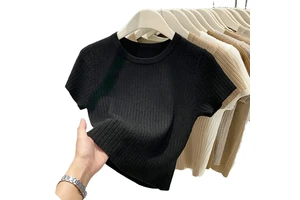 Summer Solid Color Round Neck T-shirt Short Sleeve Tee Female Slim Short Sweater Top for Ladies