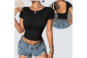 Women Round Neck Short Sleeve Beauty Back T-shirt Yoga Top Lady Open Back Solid Color Gym Vest Female High Elastic Slim Top