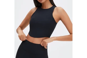 Women's Casual Crop Tank Top Quick-Drying Short Length Knitted Fabric Sleeveless Yoga Workout Vest for Running Fitness 1 Piece
