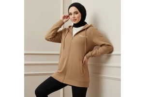 Women Muslim Plus Size Loose Fit Longline Zip-Up Hoodie Modest Islamic Breathable Eco-Friendly UPF50+ Cotton Blend Sportswear