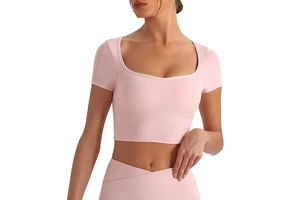 Square Neck Short Sleeve Padded Plus Size Four-Way Stretch Sports Running T-shirt Women Slim Fit Crop Backless Top Spring Summer
