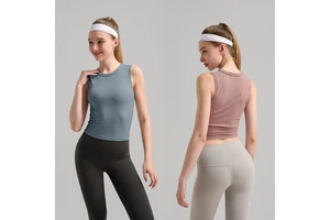 Women Ribbed Sports Tank Top Side Ruched Slim Fit High Neck Slimming Top Sleeveless Quick Dry Fitness Yoga Wear