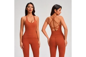 Women's Cross-Back Yoga Tank Top with Built-In Bra Breathable Spandex/Nylon Solid Tight-Fitting Pilates Workout Top