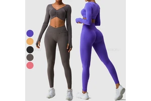 Ladies Long Sleeve Pleated Front Crop Top Women Gym Fitness Yoga Wear High Waist Seamless Legging Yoga Set With Thumb Hole