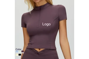 Naked Feel Solid Breathable Zipper Yoga Sportswear T-Shirt Women Slim Fit Stand Collar Short Sleeve Running Workout Top